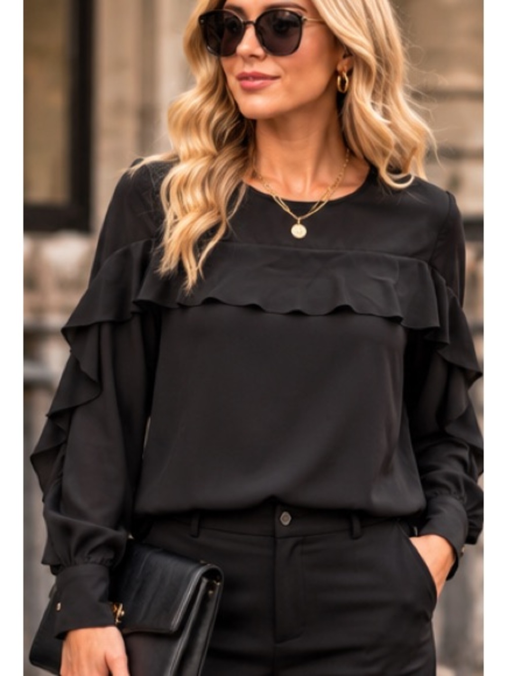 Banana Republic Black Ruffle Front Blouse Women’s M Long Sleeve Career Top